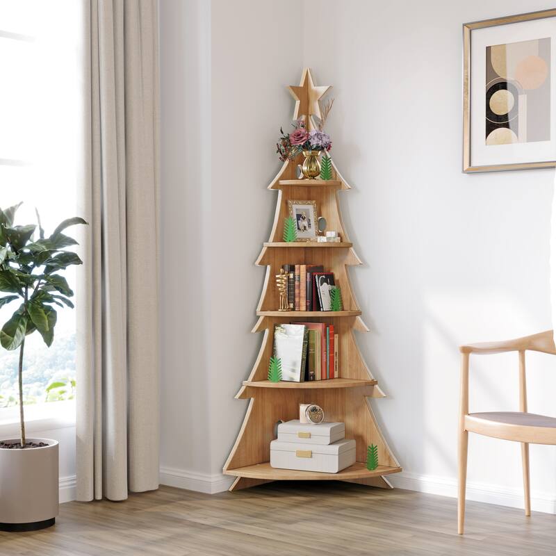 Bookshelf 5-Tier Corner Bookshelf, Solid Wood Bookcase - 71.1"
