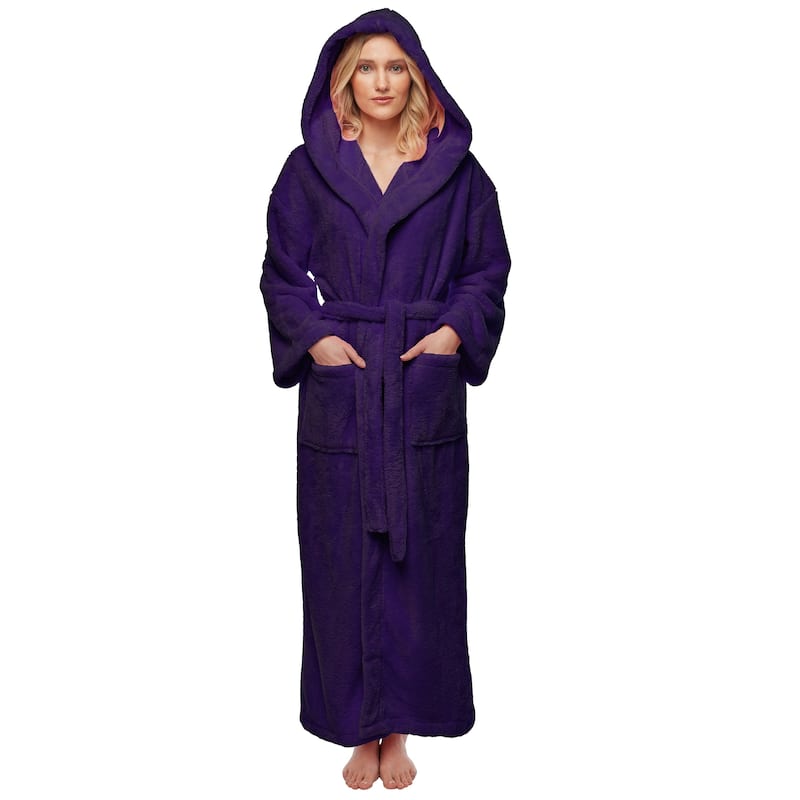 Women's Hooded Premium Fleece Full Length Bathrobe Soft Plush Robe - Small Ankle Length - Purple