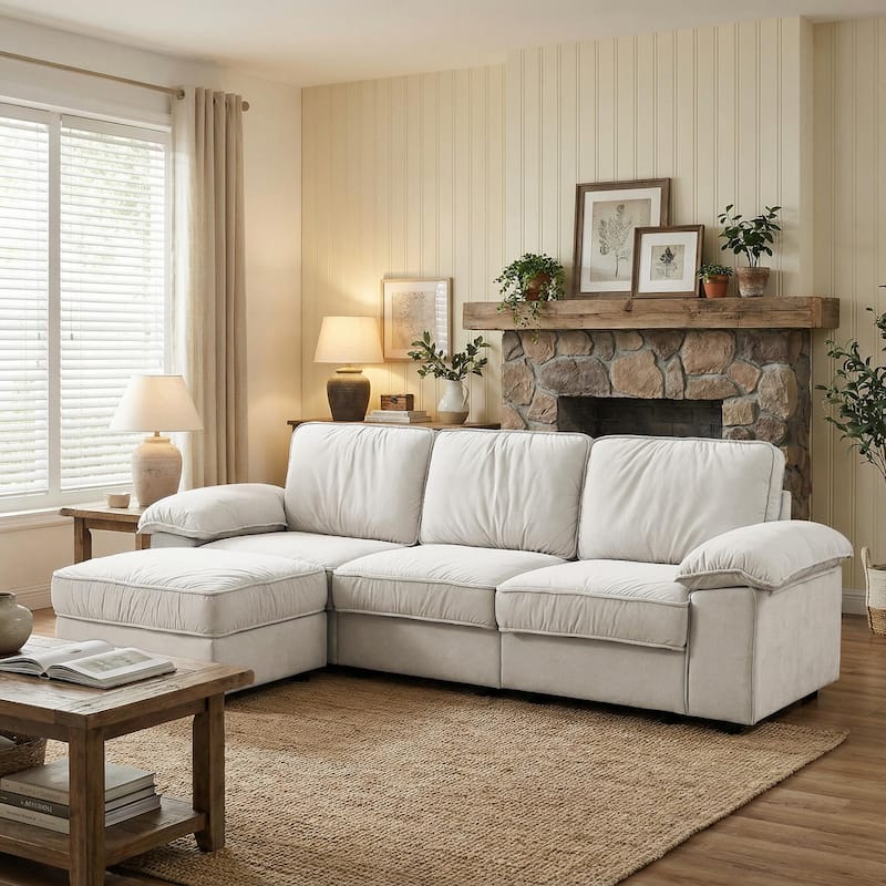 Upholstered L-Shaped Sectional Sofa Couch with Ottoman, Modern Fabric Deep Seat Sofa - Beige