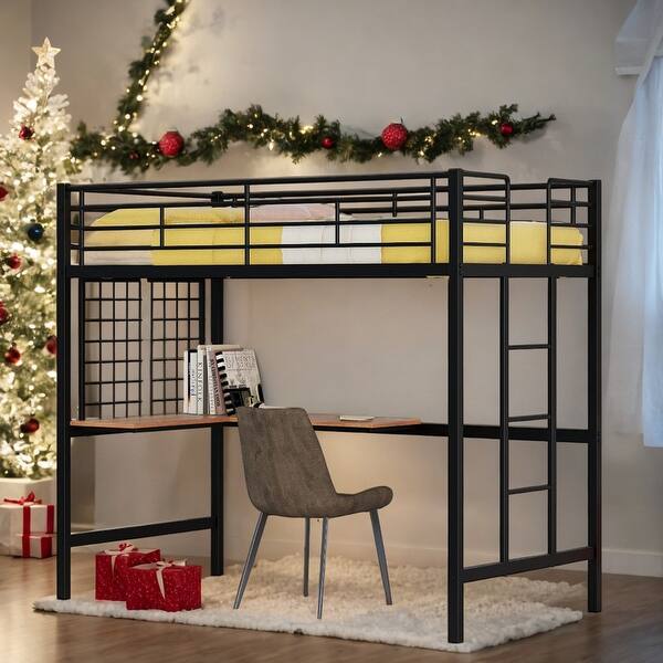 slide 2 of 26, Twin Metal Loft Bed With Desk and Metal Grid,Sturdy Construction Black