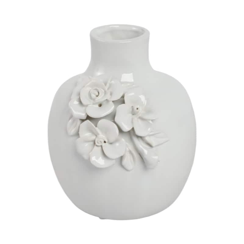 Ceramic Decorative Vase 3D Floral Detail Glossy Finish - 6" White
