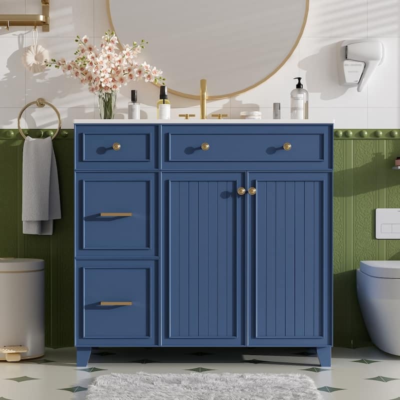 36" Ceramic Sink Bathroom Vanity with Double-Layer Drawer and Storage Cabinet