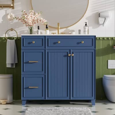 36" Ceramic Sink Bathroom Vanity with Double-Layer Drawer and Storage Cabinet