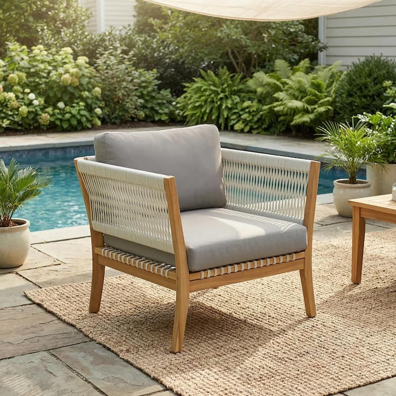 Christopher Knight Home - Modern Outdoor Acacia Wood Patio Lounge Chair with Woven Rope Accents and Weather-Resistant Cushions - Natural+Grey - 1-Piece