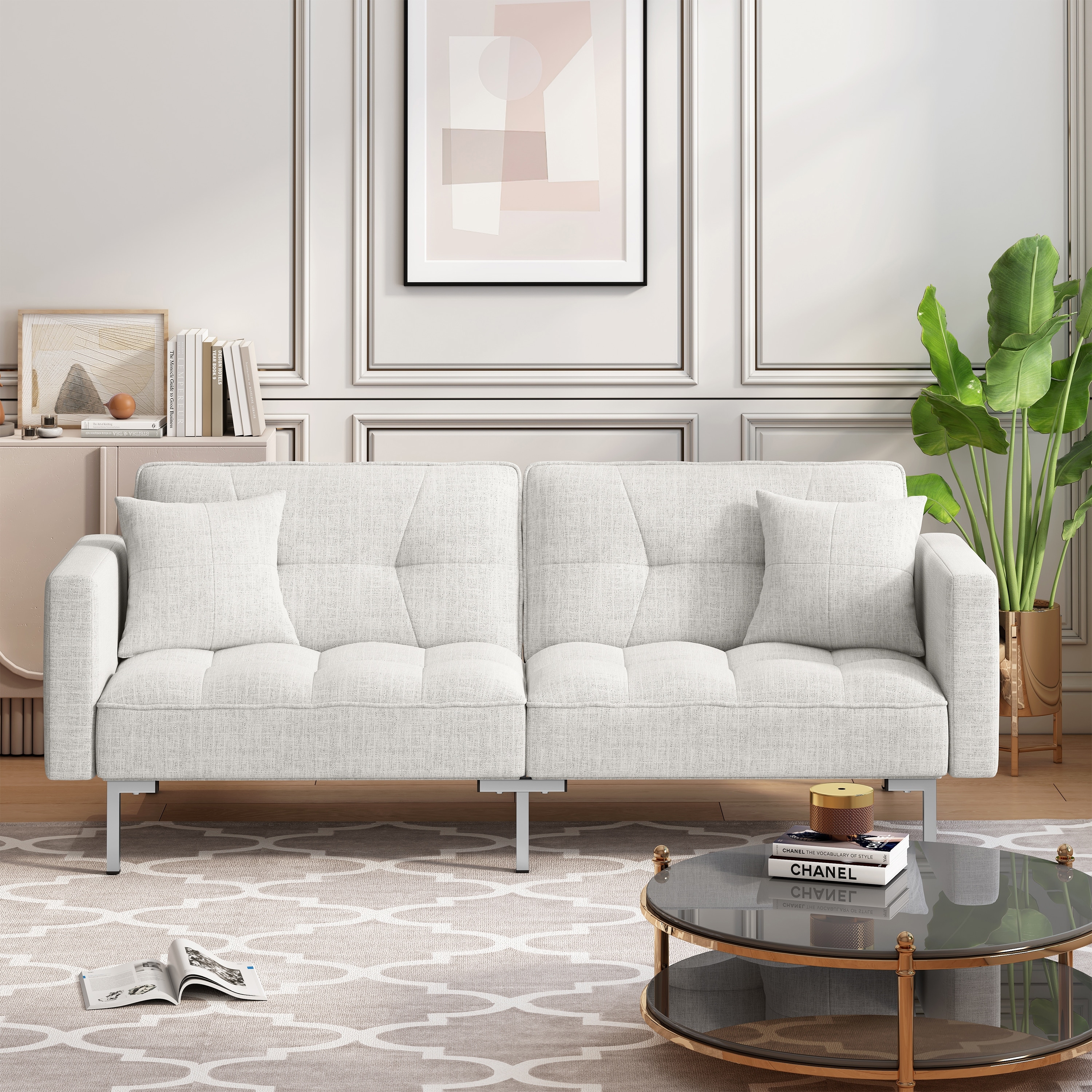 Modern plush tufted linen fabric hot sale splitback living room sleeper futon