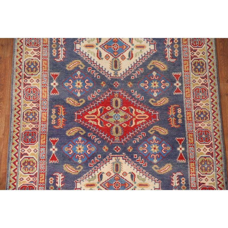 Navy Blue Kazak Area Rug Hand-Knotted Wool Carpet - 4'2" x 6'3"
