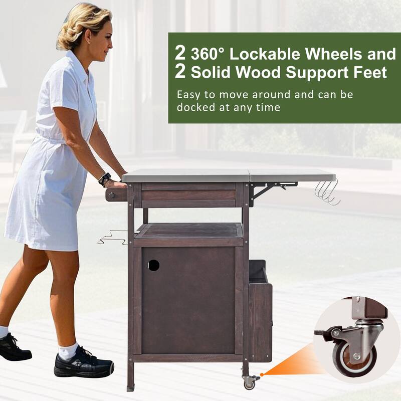 40.5" Outdoor Grill Cart with Stainless Steel Top, Drop Leaf, One Drawer, Towel Rack, Rolling Kitchen Cart with Lockable Wheels