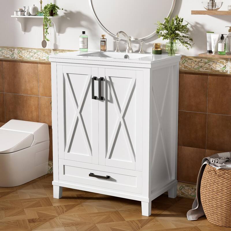 30" Bathroom Vanity - Solid Wood Frame, Single Sink, 2 Soft-Close Doors, Divided Drawer & Dual Storage Shelves