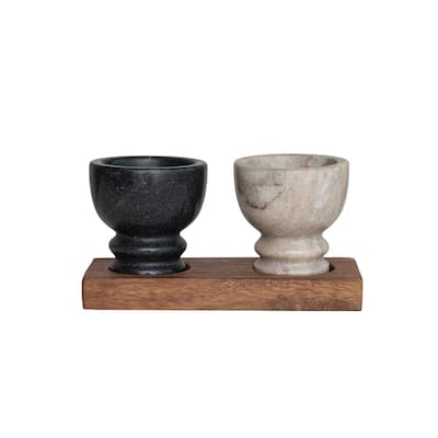 Mango Wood Tray with 2 Marble Bowls - 7.0"L x 3.0"W x 3.5"H - 7.0"L x 3.0"W x 3.5"H