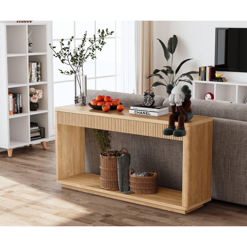 Modern 2-Drawer Fluted Console Table, Sofa Table, for Living Rooms, Hallways, Entryways and Home Offices, Natural Wood
