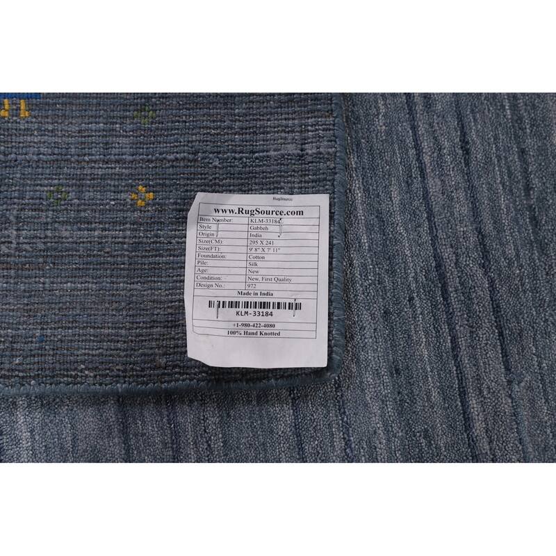 Tribal Blue Gabbeh Area Rug Handmade Silk Carpet - 7'11"x 9'8"
