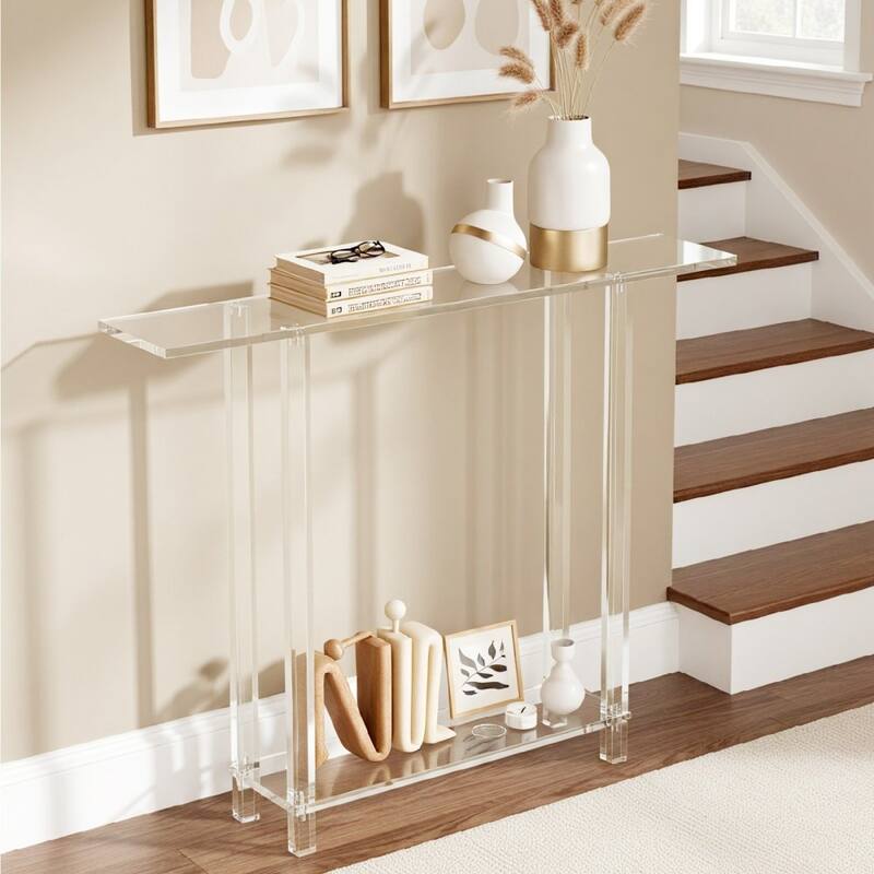Clear Acrylic 2-Tier Console Table with Sturdy Metal Connectors and Storage - 7.6 x 39.4 x 31.5 in