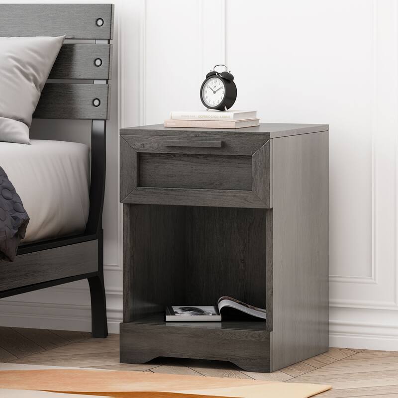 Rustic Faux Wood Nightstand with Drawer and Shelf, 1-Drawer Storage Table for Bedroom and Living Room