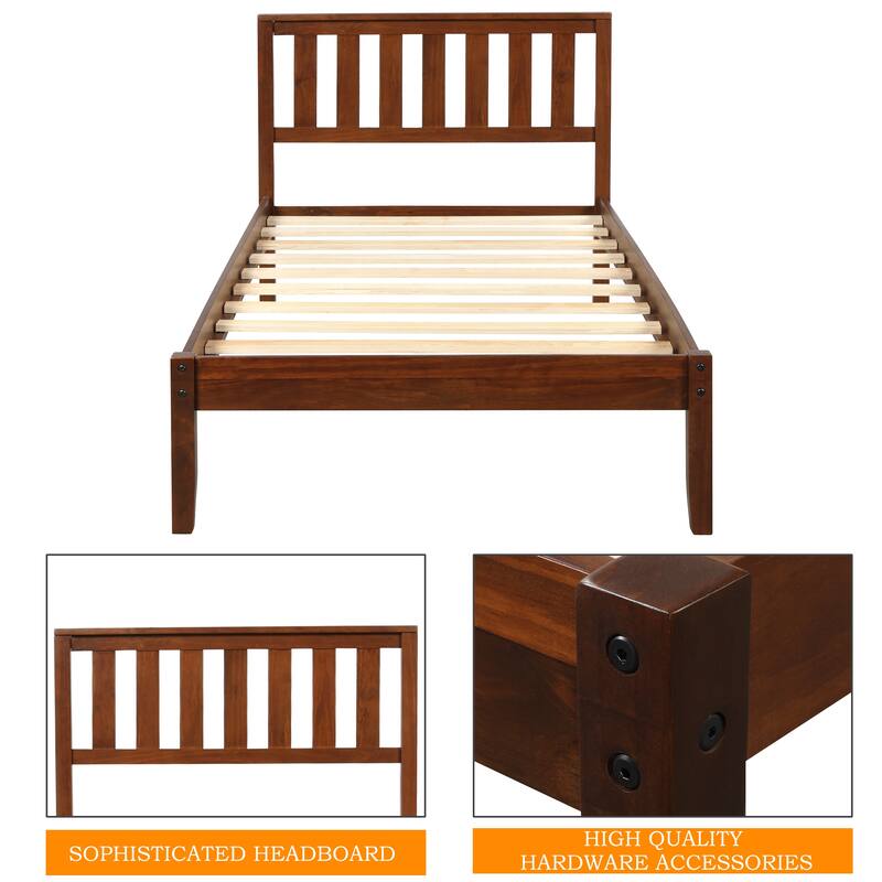 Wood Platform Bed with Headboard/Wood Slat Support.Twin