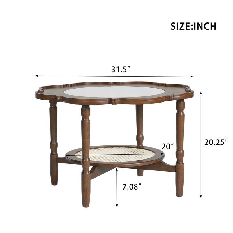 Roomfitters Mid-Century Coffee Table, Petal Shape Accent Table with Rattan Shelf and White Glass Top, Walnut