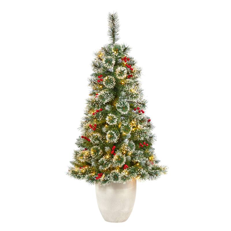 50" Frosted Swiss Pine Artificial Christmas Tree with 100 Clear LED Lights and Berries in White Planter