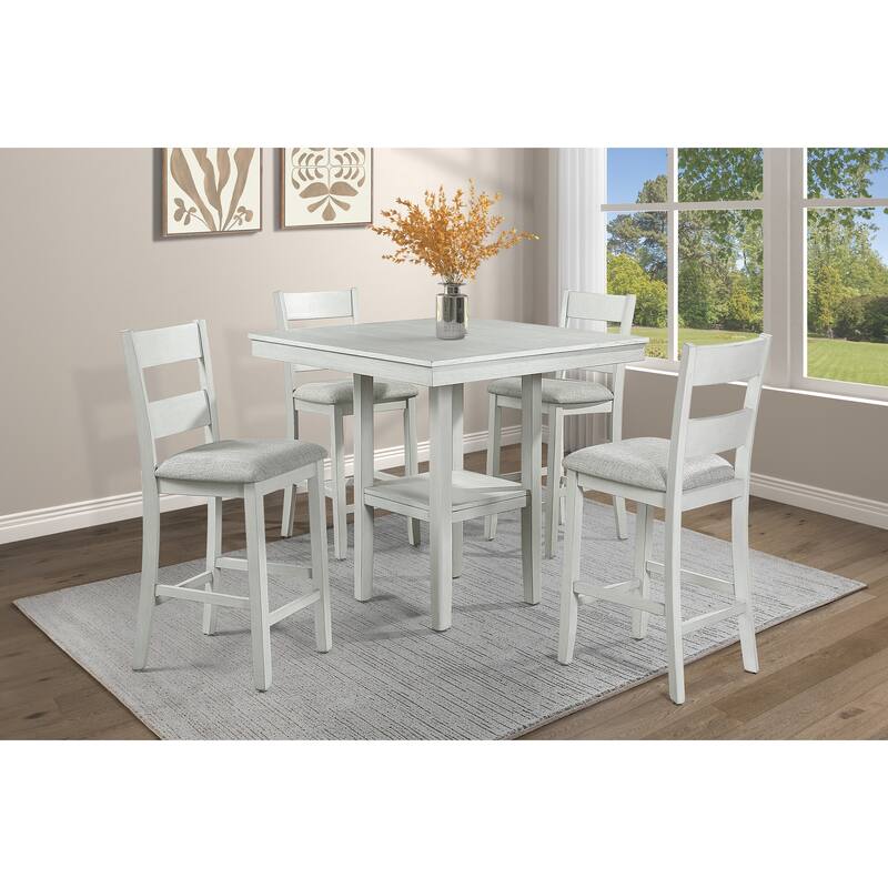 Rustic Farmhouse 5-Pc Counter Height Dining Set Square Table Wood Top Bottom Display Shelf Linen Look Fabric Upholstery