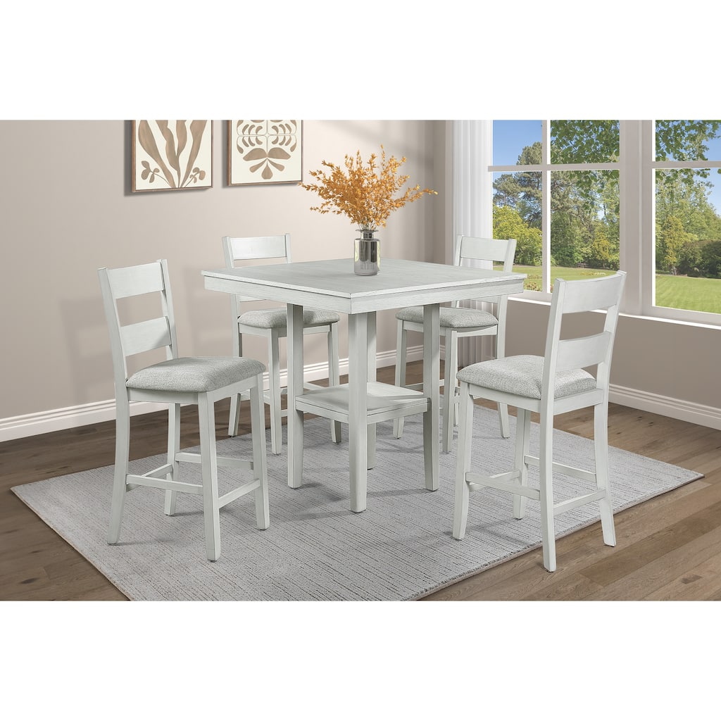 Rustic Farmhouse 5-Pc Counter Height Dining Set Square Table Wood Top Bottom Display Shelf Linen Look Fabric Upholstery