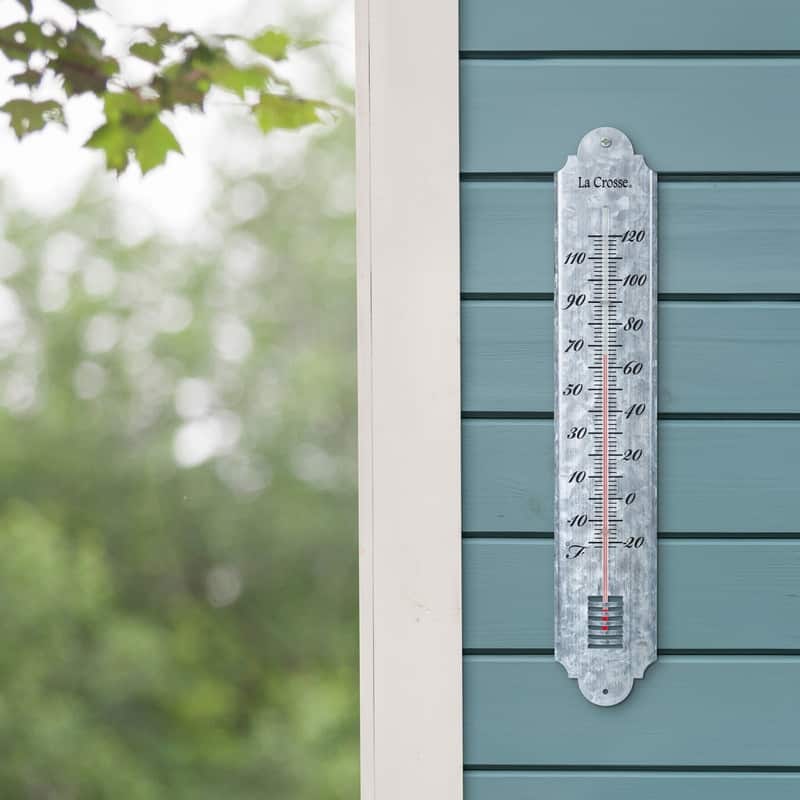La Crosse 204-1550 19.50" Galvanized Metal Analog Vertical Thermometer - Silver
