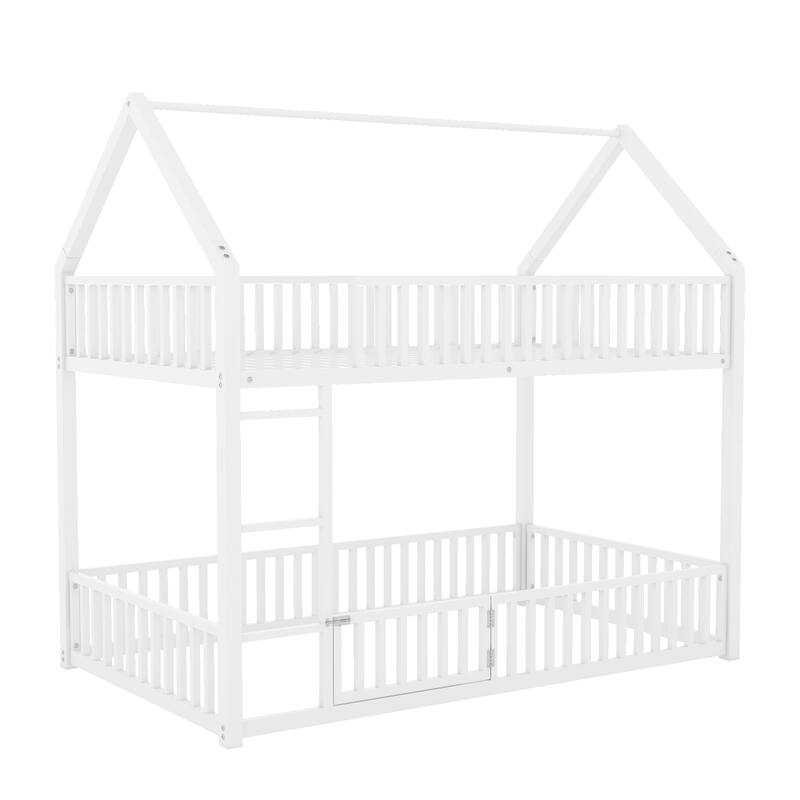 White Metal Twin over Twin Bunk Bed with House Frame, Fence Guardrails, and Small Door