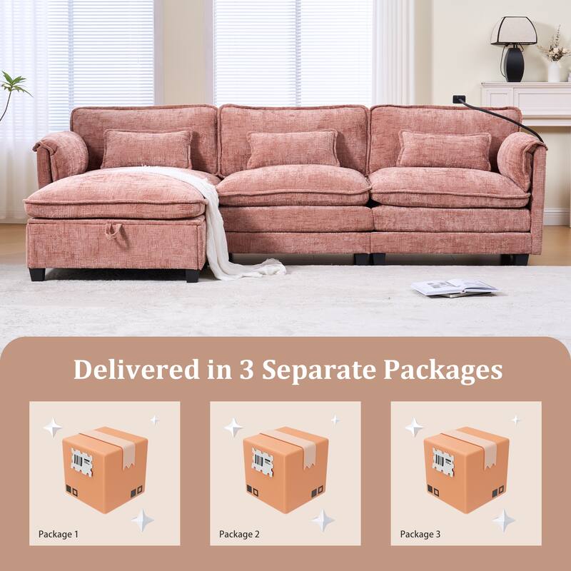GALDWIN Chenille Upholstered L-shaped Modular Sectional Sleeper Sofa with Movable Storage Ottoman,USB&Type-C