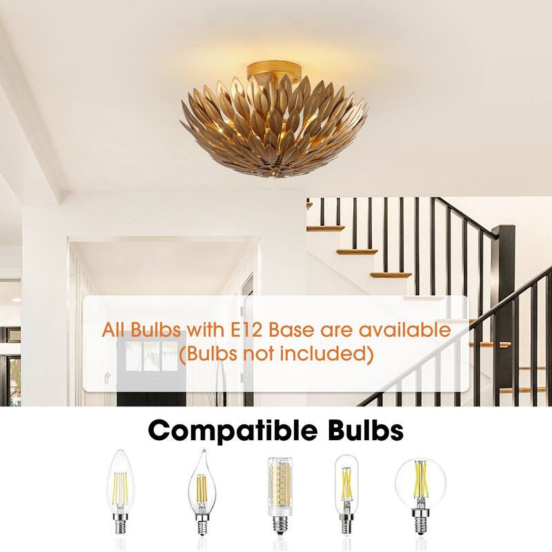 Antique Gold Olive Leaf 3-Light Semi Flush Mount Ceiling Light - 16" W x 10.1" H