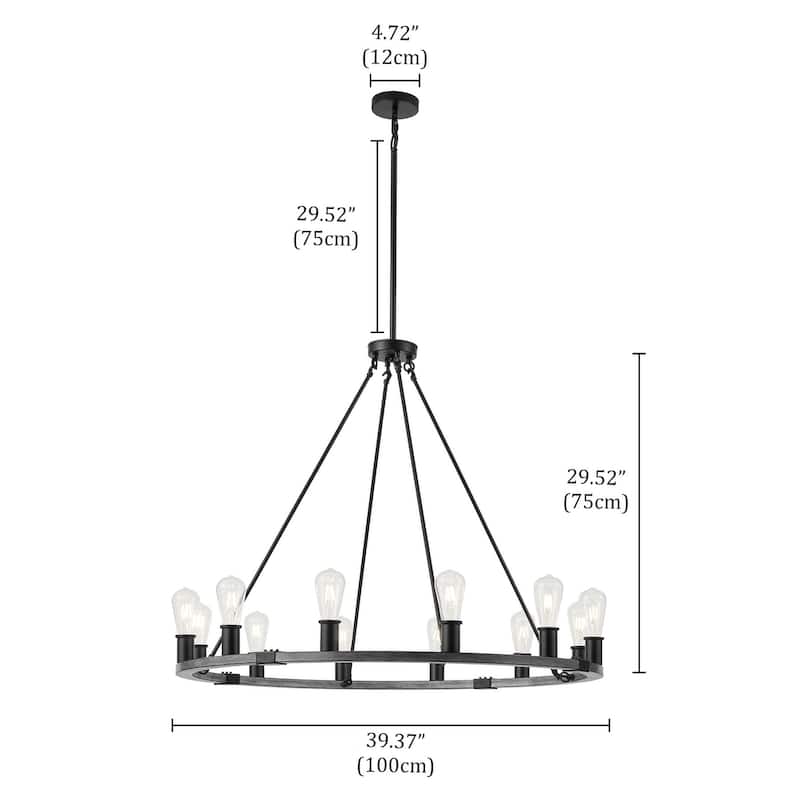 12-Lights Dimmable Farmhouse Style Wagon Wheel Chandelier - 39.4"D×4.7"W×76.8"H(Adjustable)