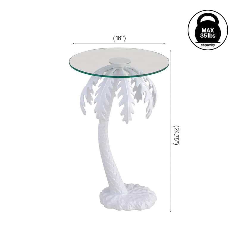 Hedda 24.75" Glass Top Metal Palm Tree End Table, White, by JONATHAN Y