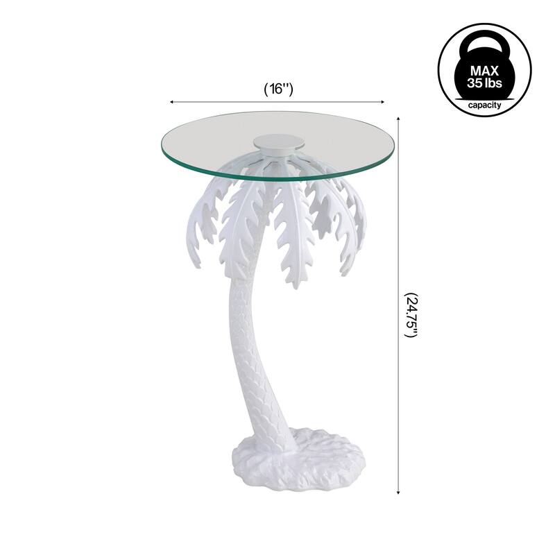 JONATHAN Y Hedda 24.75" Glass Top Metal Palm Tree End Table, White