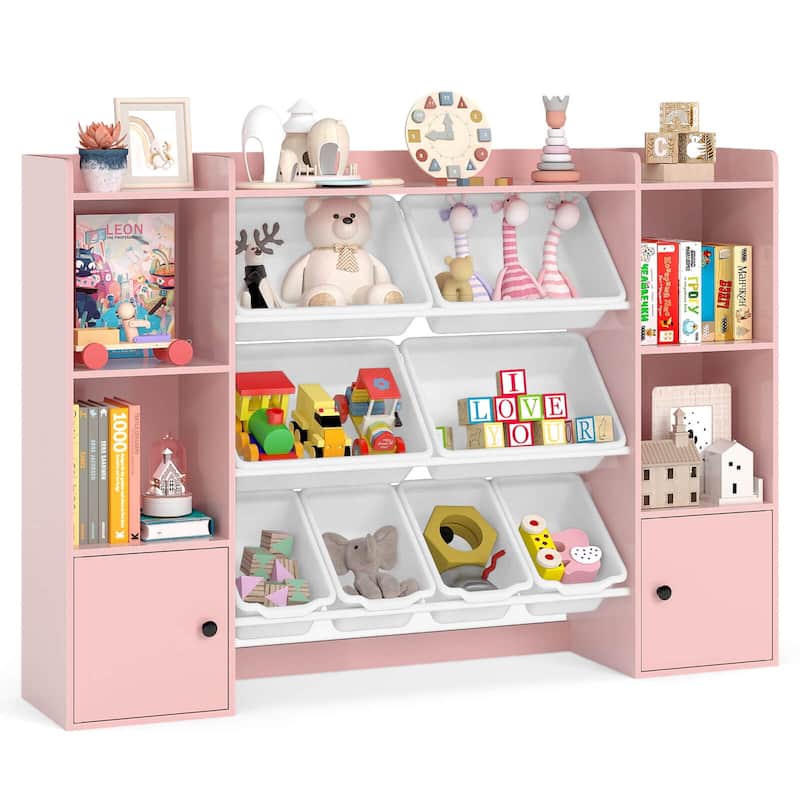Costway Kids Toy Storage and Bookshelf with 8 Boxes Open Shelves & 2 - See Details - Pink