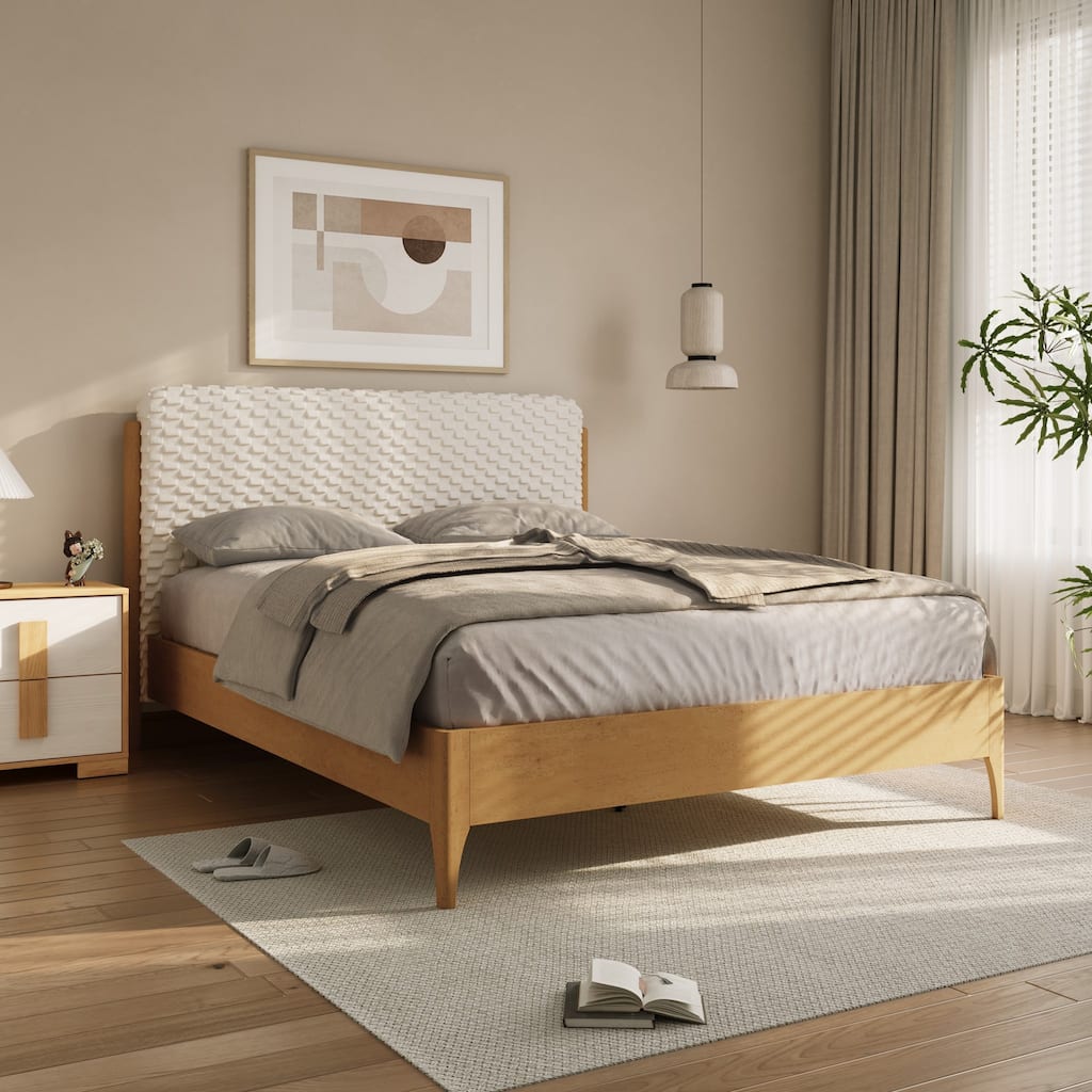 Quilted Upholstered Headboard with Rubberwood Frame Platform Bed, Queen