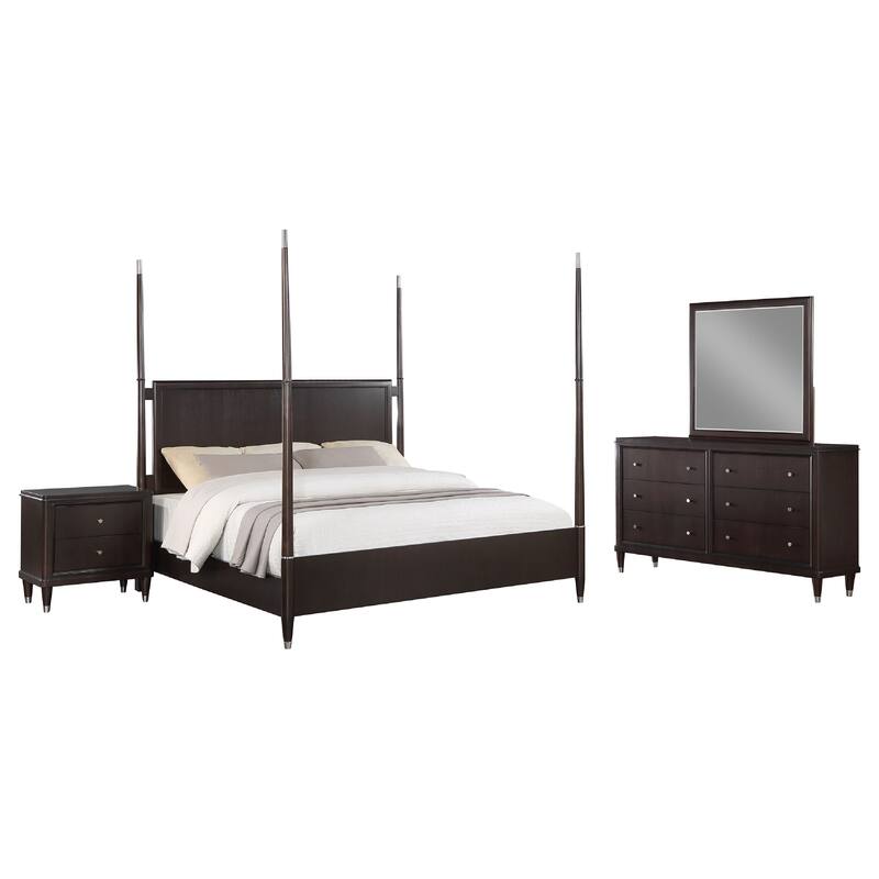 Amber 4pc Poster Queen Bed Set, Modern Dark Brown Wood, Dresser Mirror