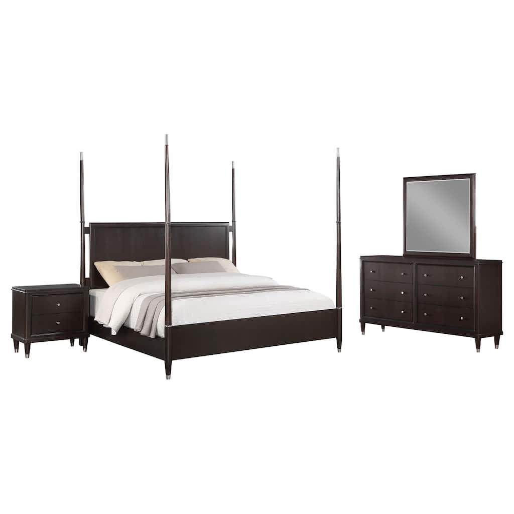 Amber 4pc Poster Queen Bed Set, Modern Dark Brown Wood, Dresser Mirror