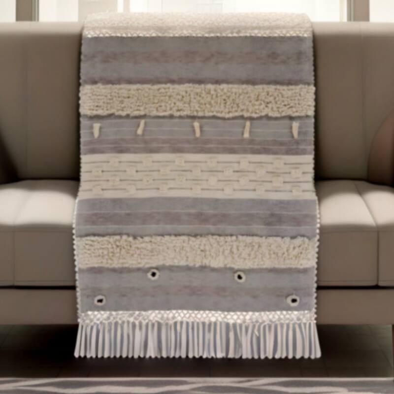 60" X 50" Gray Woven Cotton Striped Throw Blanket with Fringe - Throw