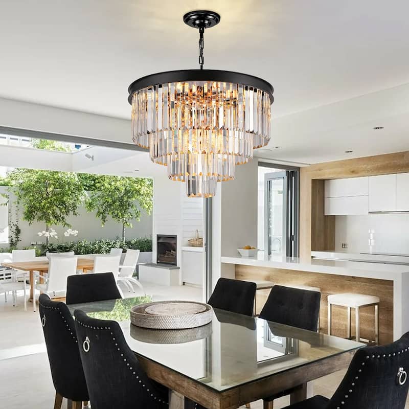 Modern Crystal Chandelier, Black Luxury Adjustable Pendant Light for Living Room(Bulbs Included)