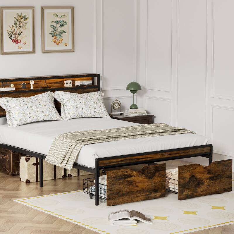 Queen Size Bed Frame with Storage Headboard and 2 Drawers,