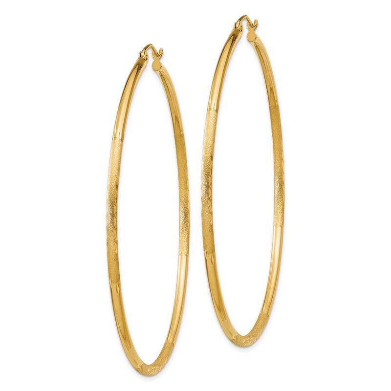 Curata 14k Yellow Gold Satin and Sparkle Cut 56x2mm Round Tube Hoop Earrings