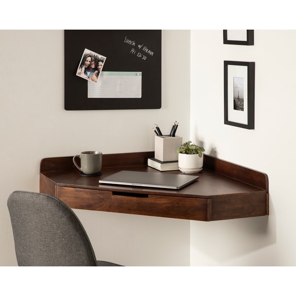 Floating corner outlet desk with drawer