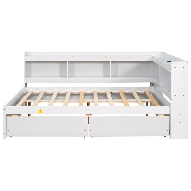 Full Size L-shaped Bookcases Bed with Power Outlets, USB Charging Ports