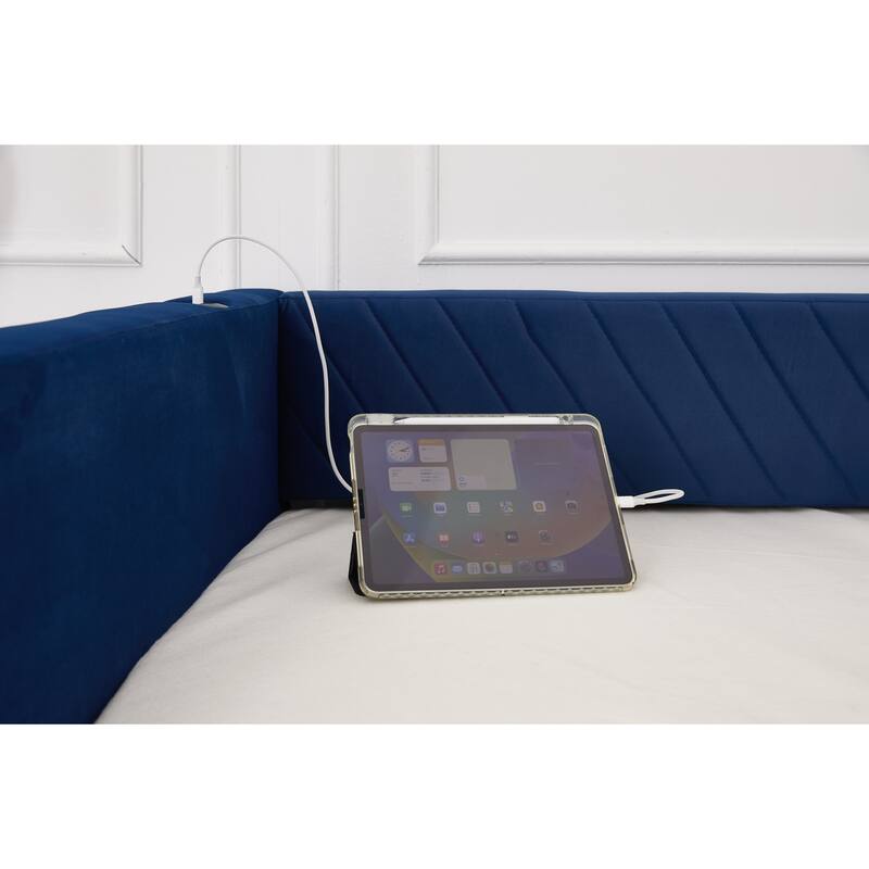 Twin Size Velvet Daybed with Trundle, USB Charging Port & Side Pockets, Modern Upholstered Sofa Bed with V-Pattern Backrest