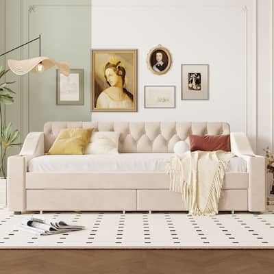 Button Tufted Backrest Daybed, Velvet Upholstered Panel Bed Frame with Storage Armrests, USB Ports on Both Sides