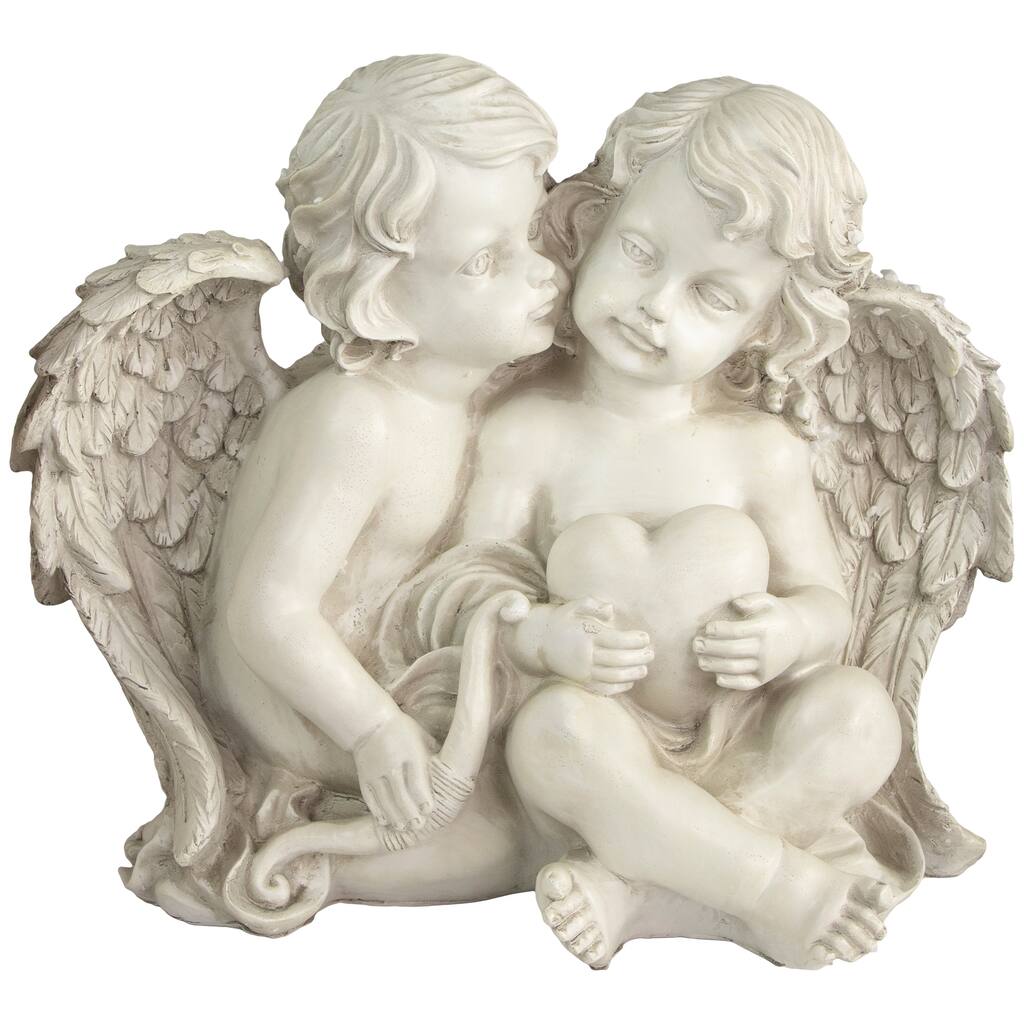 16" Sitting Cherub Angels with Bow and Heart Outdoor Garden Statue