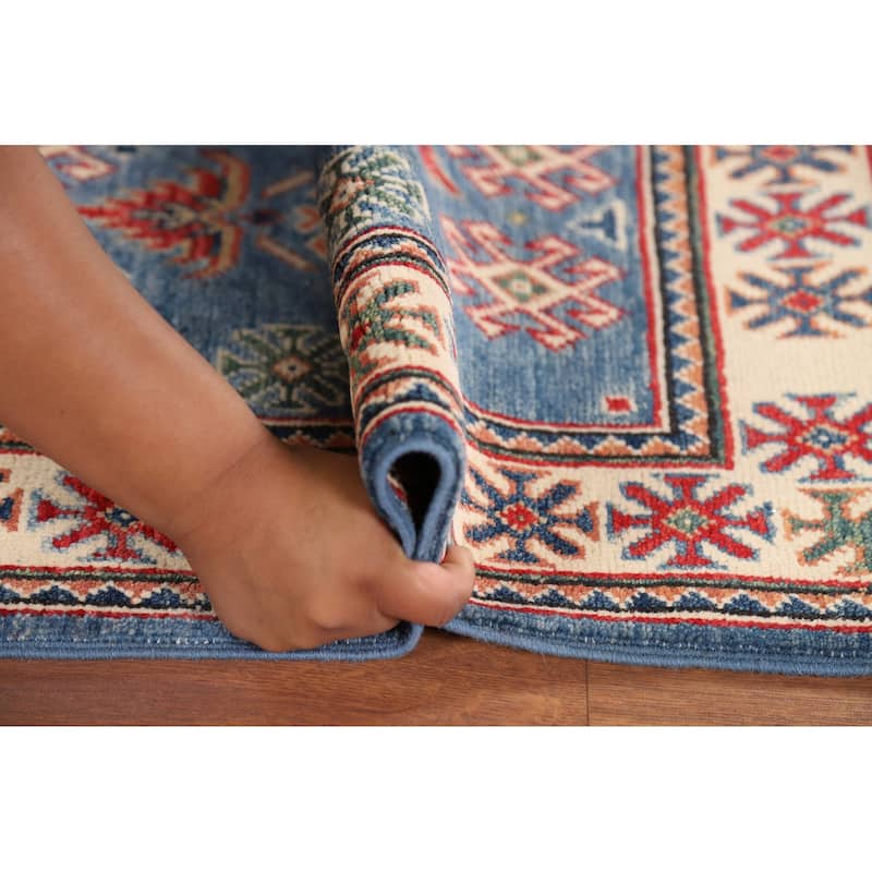 Blue Geometric Kazak Accent Rug Handmade Wool Carpet - 2'0" x 3'1"