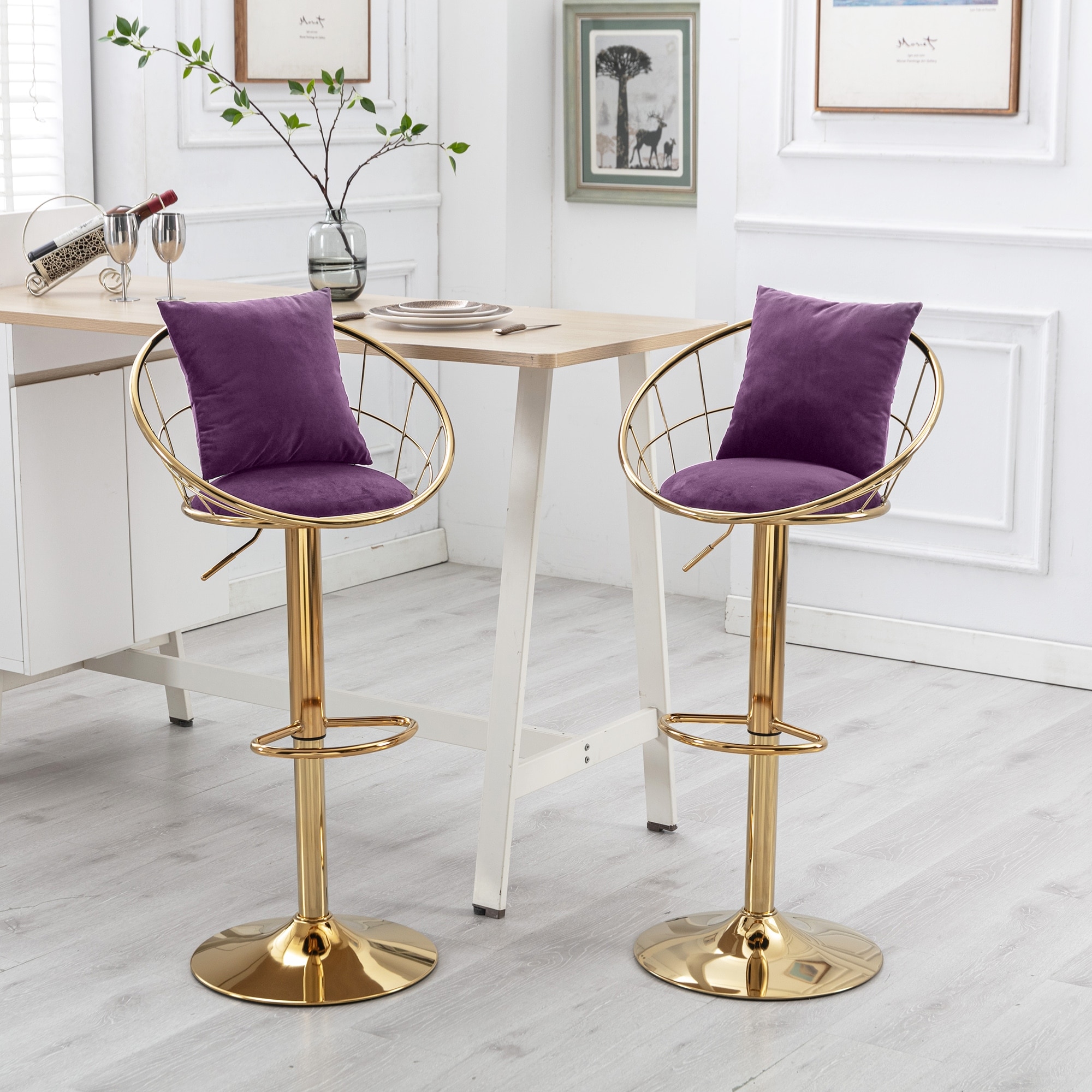 phoebecat 2Pcs Velvet Upholstered Bar Chairs with Gold Plated Metal Chair Foot