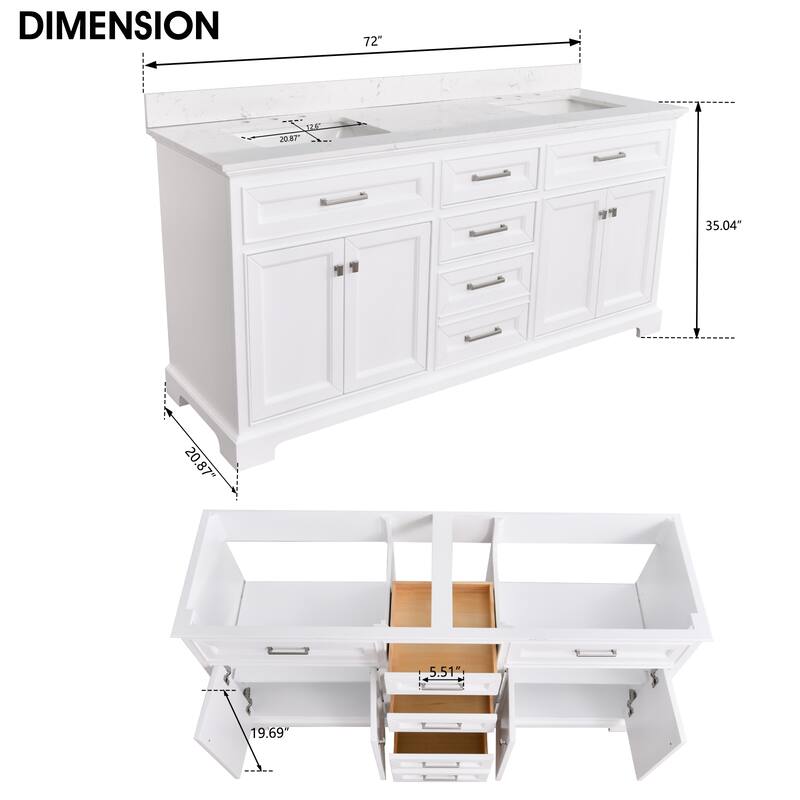 Prismarble Bathroom Vanity 72 in White with Marble Top & Backsplash, Double Sinks