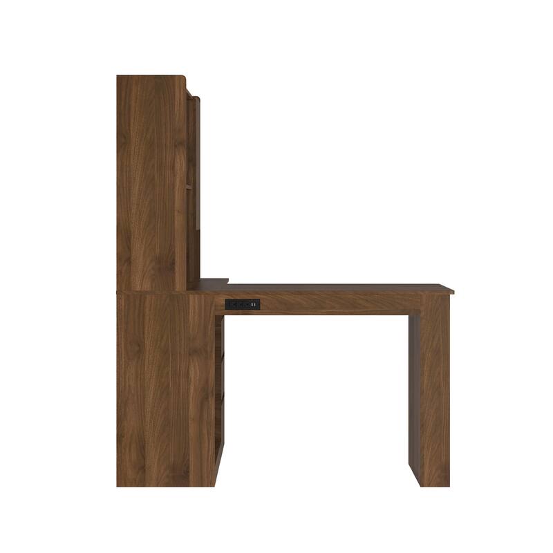 L-Shaped Corner Desk with Charging Station, LED Lights, Bookshelf & Drawers