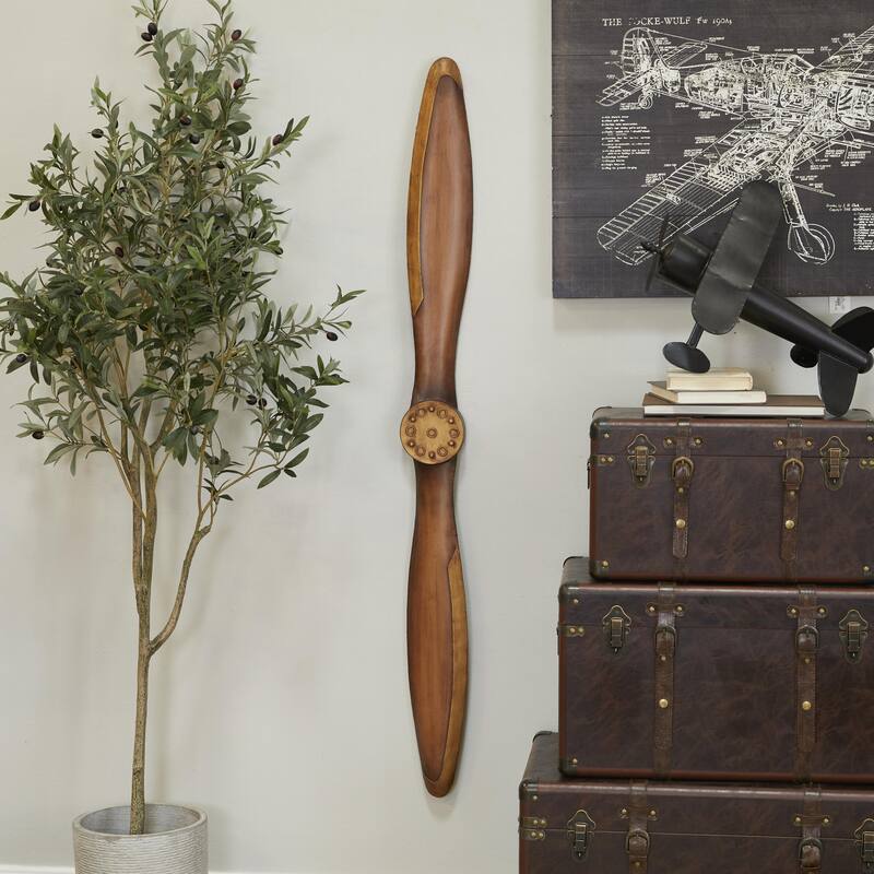 Metal Airplane Propeller Wood Inspired 2 Blade Home Wall Decor with Gold Aviation Detailing - Brown - Roche River Decor