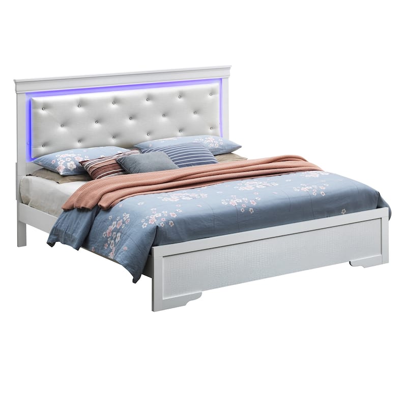 Jeweled Tufted King Panel Bed with LED Lights - 85" - Silver Champagne