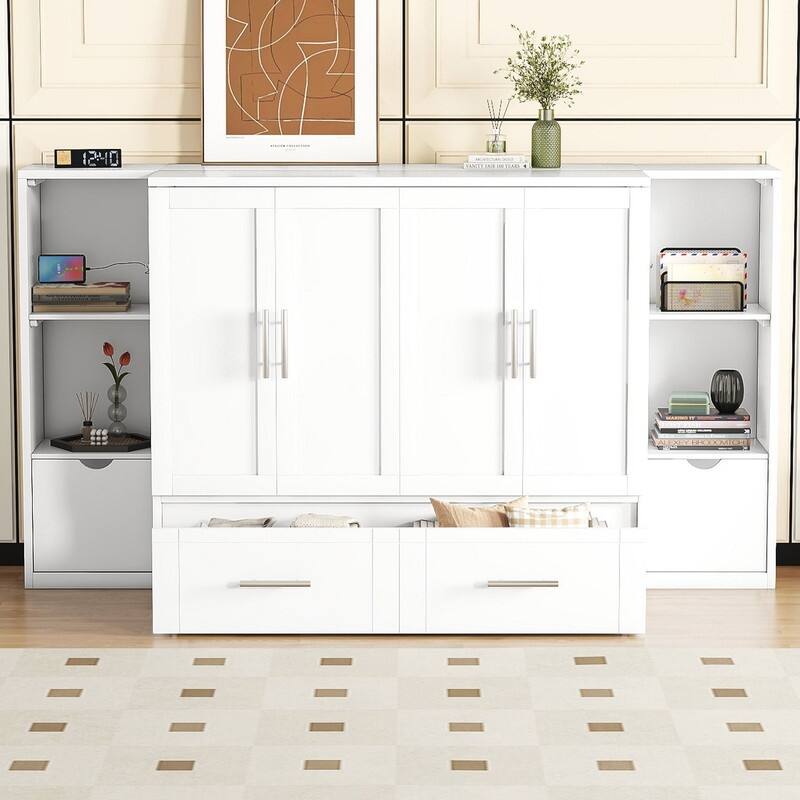 Murphy Bed with Shelves, Drawers and USB Ports,Gray