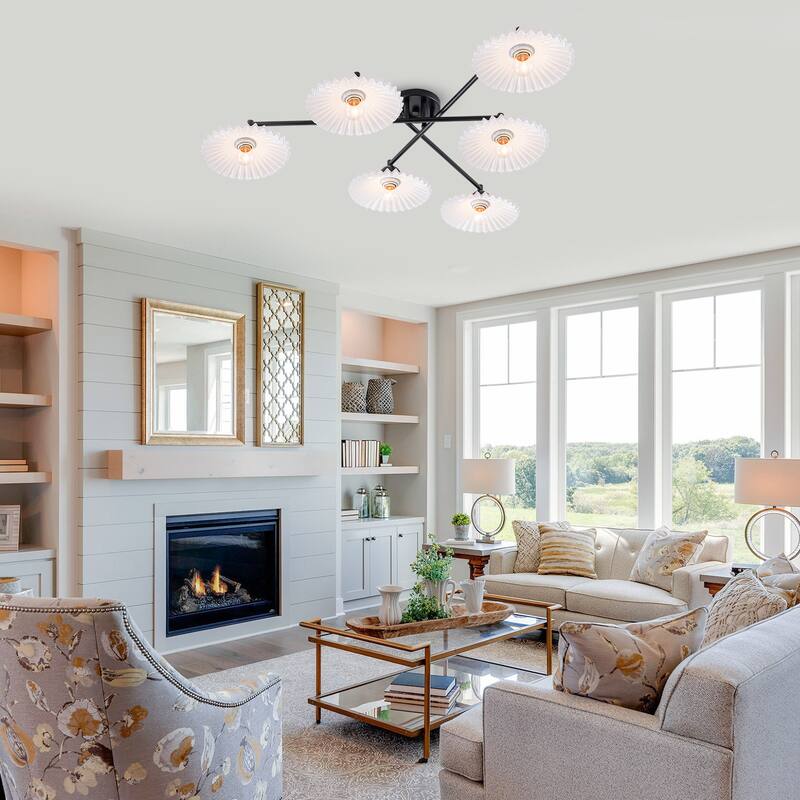 6-Light Matte Black Branch Flush Mount Ceiling Light with White Glass Shades - Dia.40.16-in